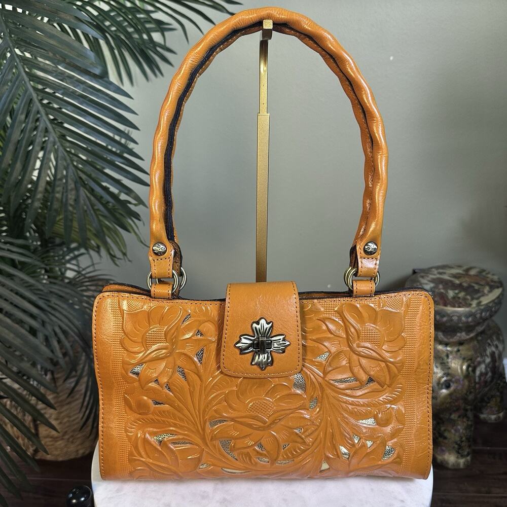 Patricia Nash Rosina Bag Satchel Shoulder Tooled Cut out floral Sun Yellow